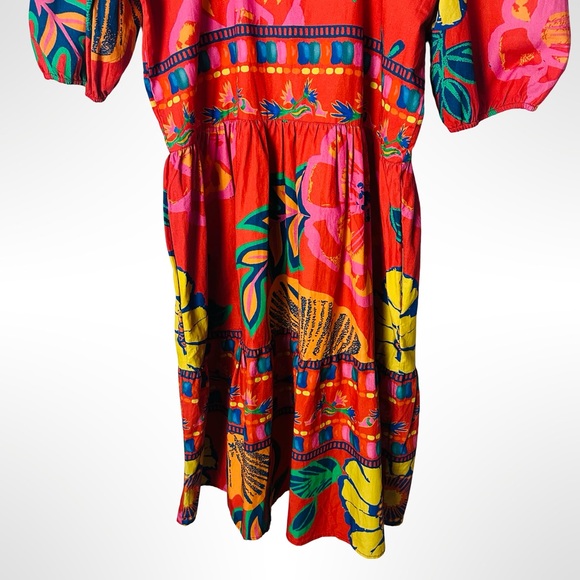 Maude Vivante Aria Dress Medium Red Floral Puff Sleeves Colorful Vacation Resort - Picture 4 of 13